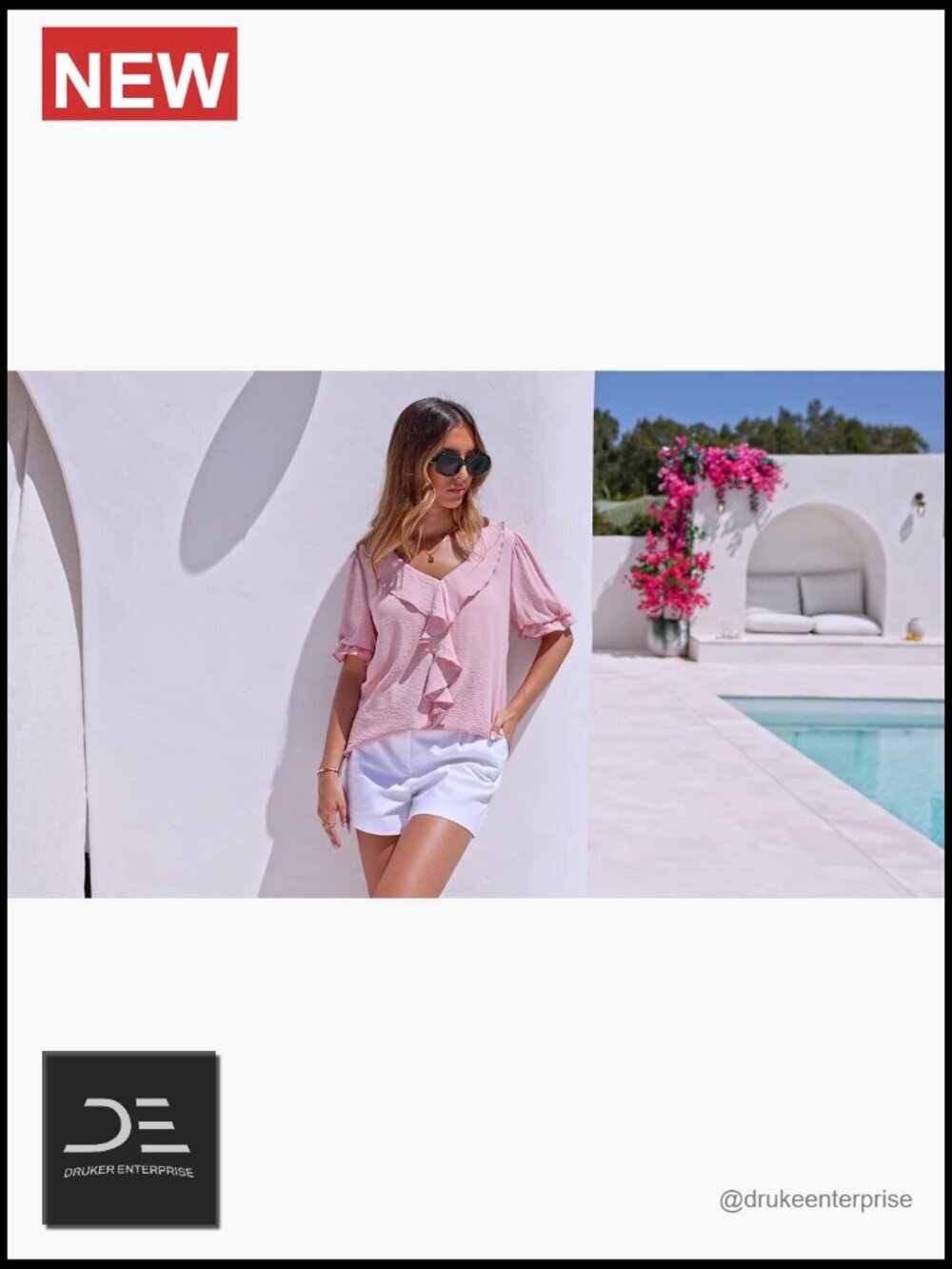V Neck Ruffle Top, Puff Sleeve Blouse, Short Sleeve, Lightweight - Picture 7 of 7